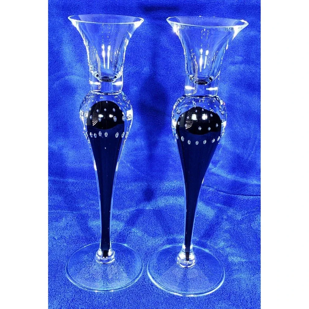 Beautiful Signed Clear Controlled Bubble Glass Trumpet Vase & Candle Holders